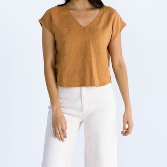 Suunday 100% Linen V-Neck Cap‎ Sleeve Almond Tan Colored Pullover Top - Picture 1 of 8